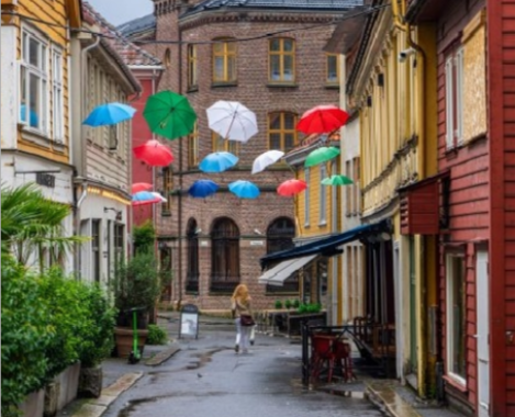 Skostredet gate i Bergen med fargerike trehus og gatekunst.